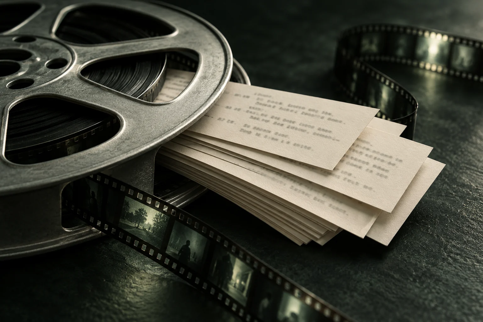 Subtitle cue cards arranged beside a film reel