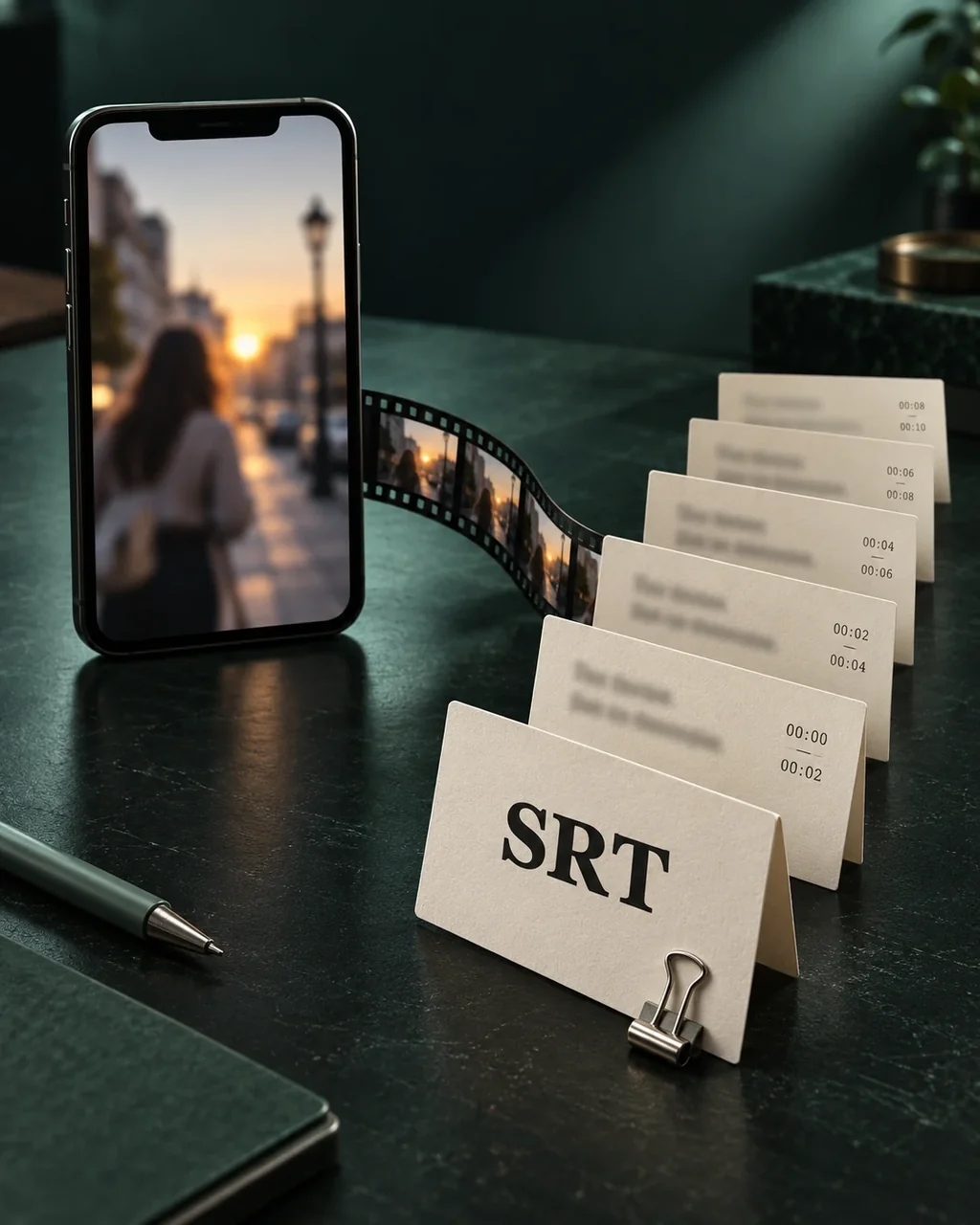 Concept photograph of a phone and folded subtitle cue cards for TikTok to SRT