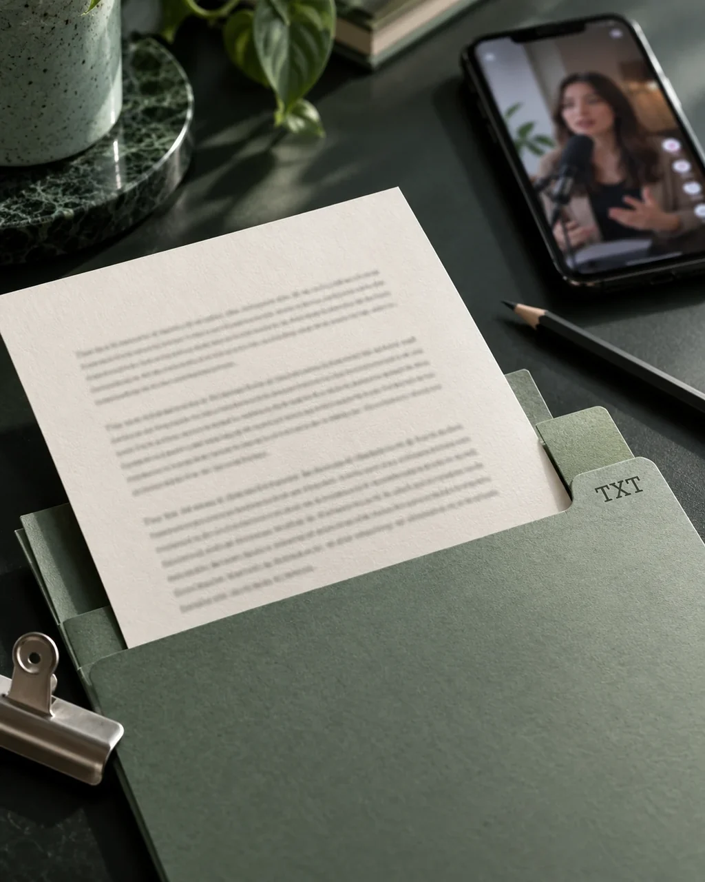 Concept photograph of a phone and transcript sheet entering a TXT folder for TikTok to TXT
