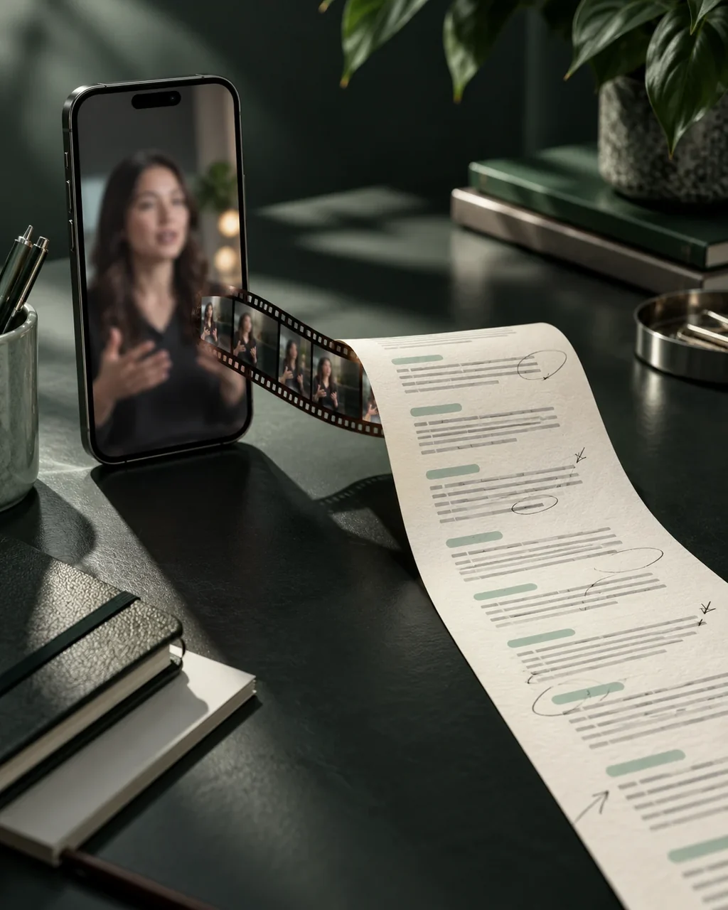 Concept photograph of a phone, segmented review sheets and film for a TikTok transcript