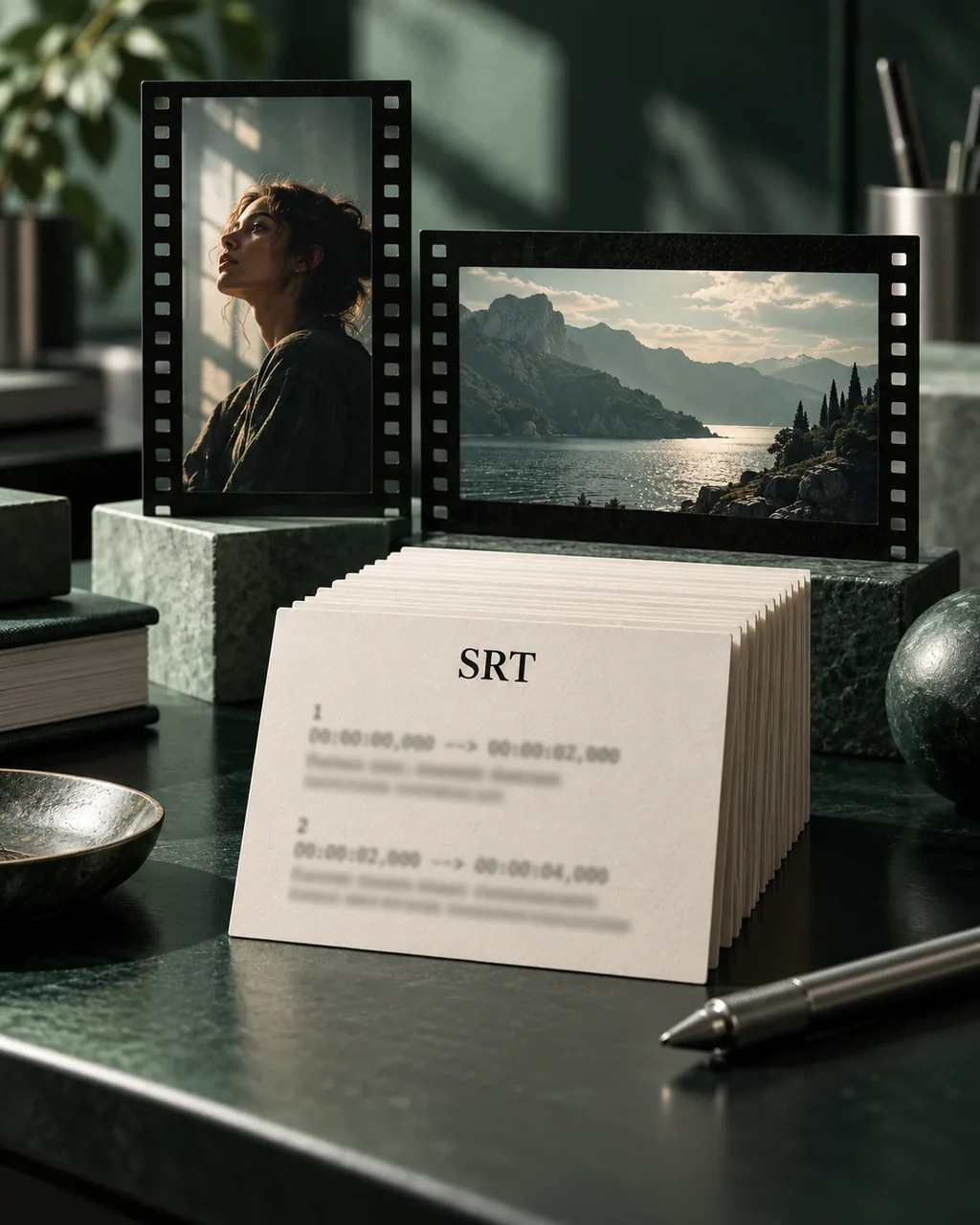 Concept photograph of vertical and horizontal film frames with subtitle cards for video to SRT