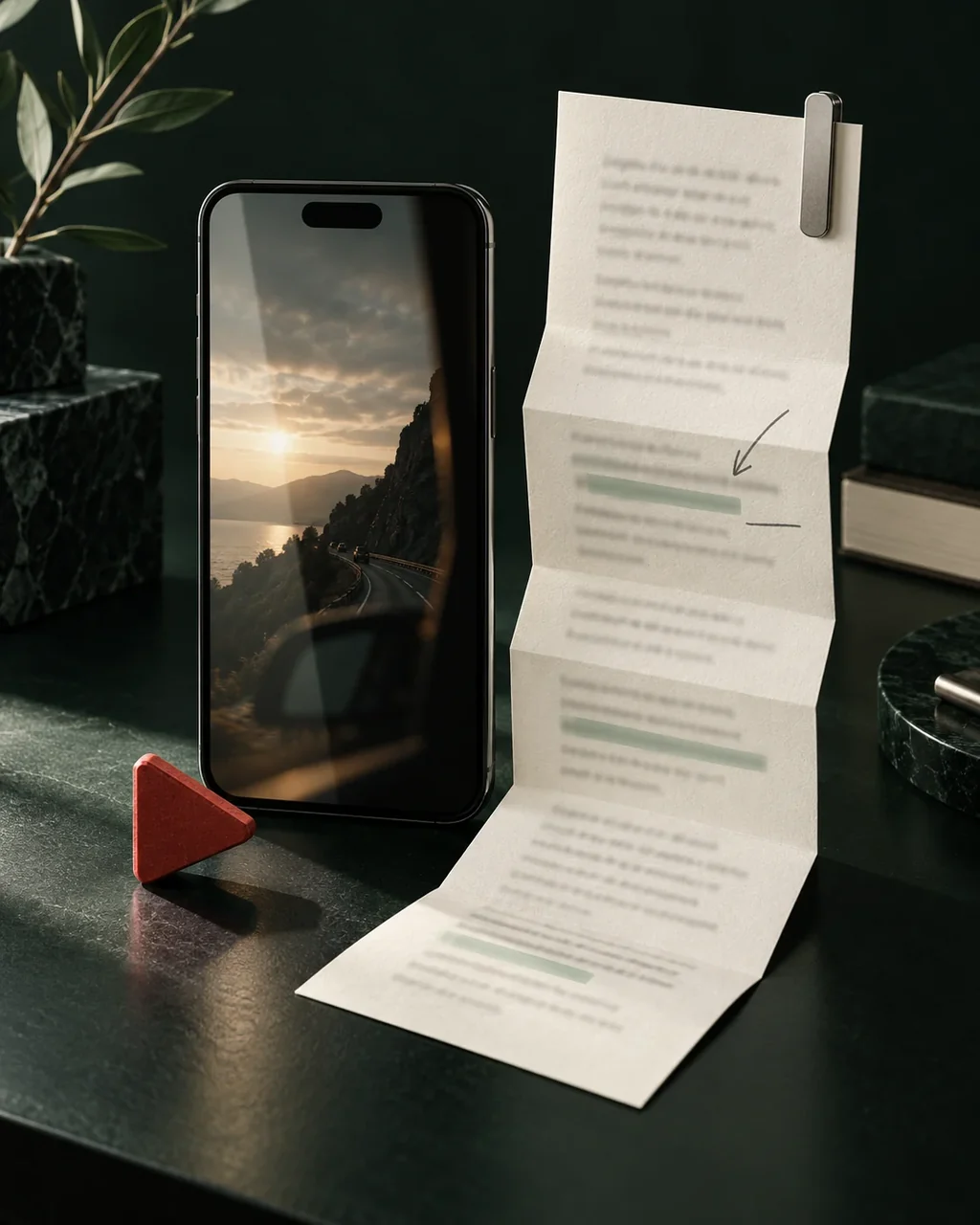 Concept photograph of a vertical phone, play prop and folded YouTube Shorts transcript sheet